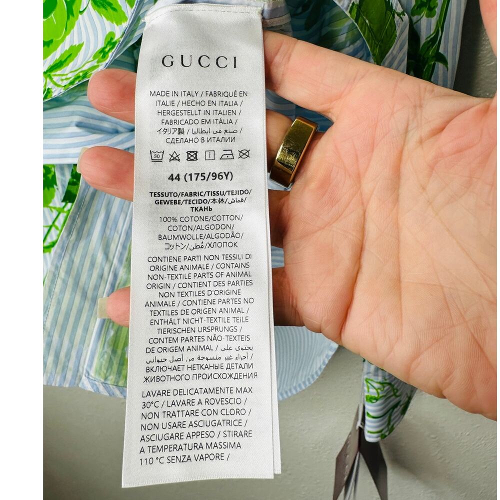 NWT Gucci Blue Green Stripe Floral Print Long Sleeve Button Collar Shirt 44 / L - Picture 9 of 16